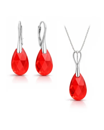 cercei rosii set bijuterii rosii set cercei si pandantiv lant rosu colier rosu set swarovski