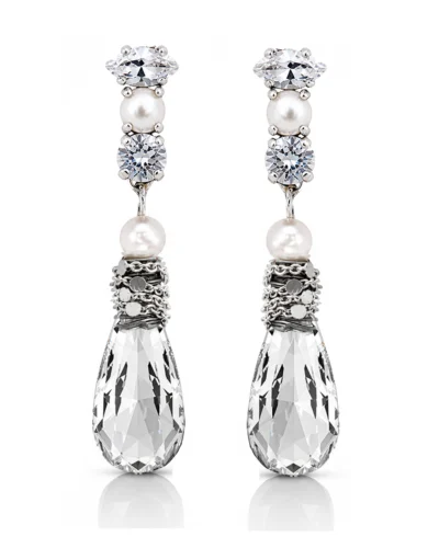 cercei eleganți albi damă cercei cristale Swarovski albe cercei lungi bridal cercei tip lacrimă transparenți cercei eleganți de ocazie cercei perle și cristale