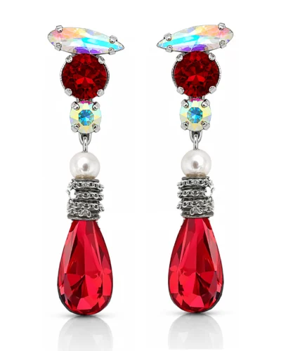 cercei eleganți roșii damă cercei cristale Swarovski roșii cercei lungi de ocazie roșii cercei tip lacrimă roșii cercei statement eleganți cercei cu perle și cristale
